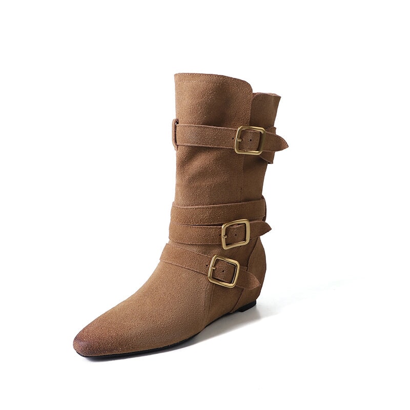 Womens Suede?Leather Mid Calf Boots 45mm Block Heel with Buckles In Khaki/Brown