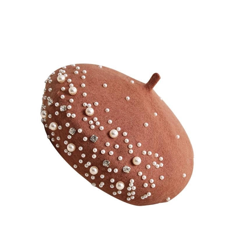 Style Pearl Rhinestone Wool Beret Women's Autumn And Winter British Style Retro Korean Style Japanese Style Western Style Painter Hat