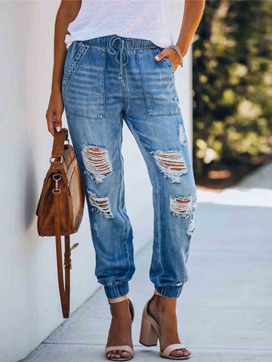 Adjustable Waist Ripped Jeans