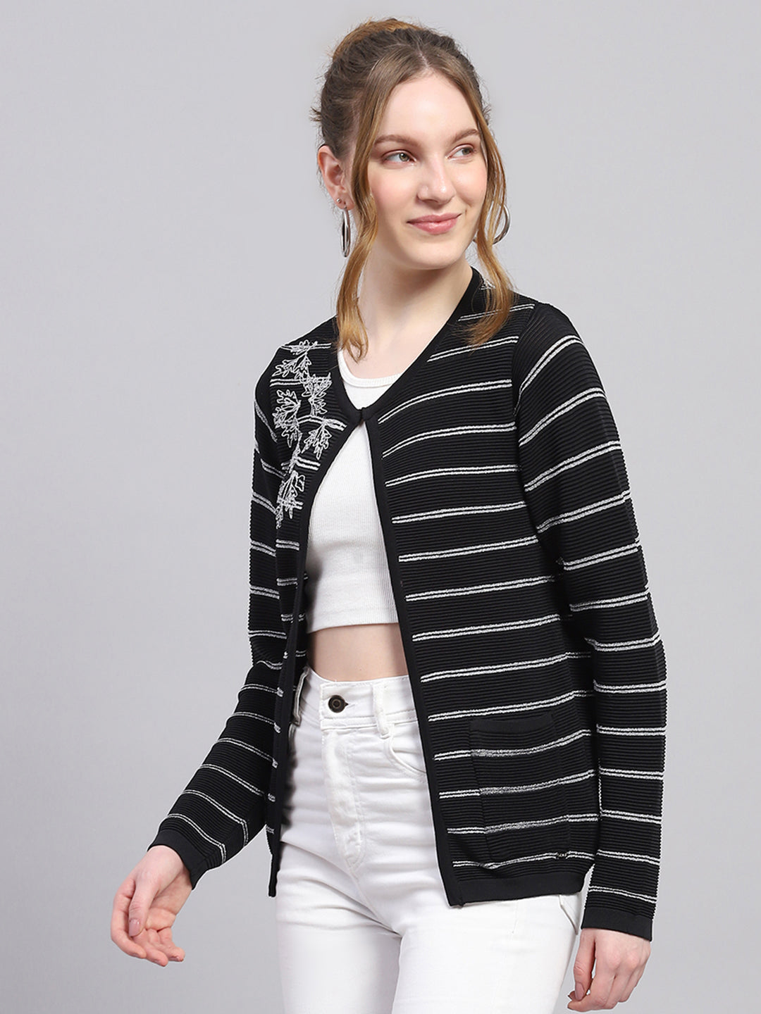 Women Black Stripe Round Neck Full Sleeve Cardigan