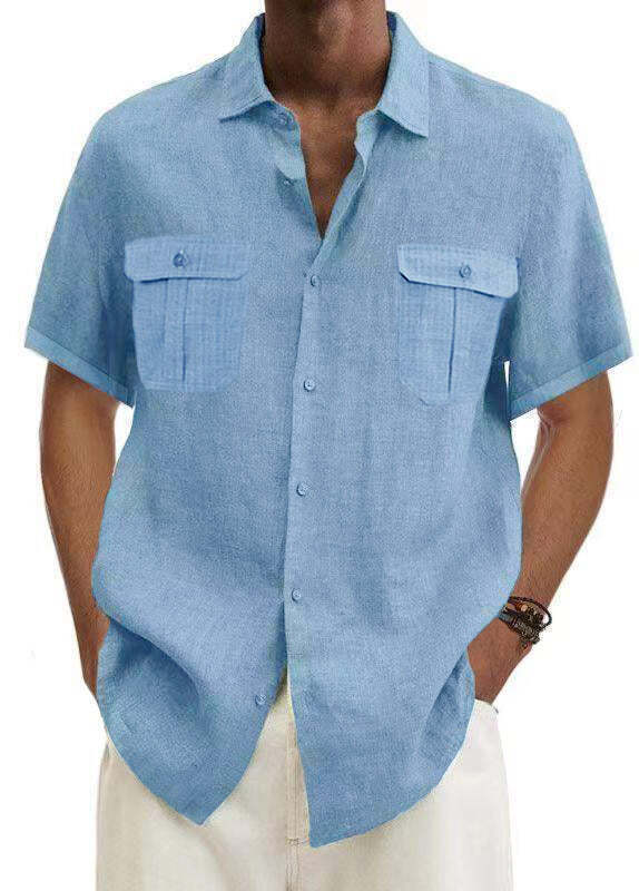 7-Pack Men's Shirts Double Pocket Cotton Linen Short Sleeve Shirts Casual Vacation Shirts