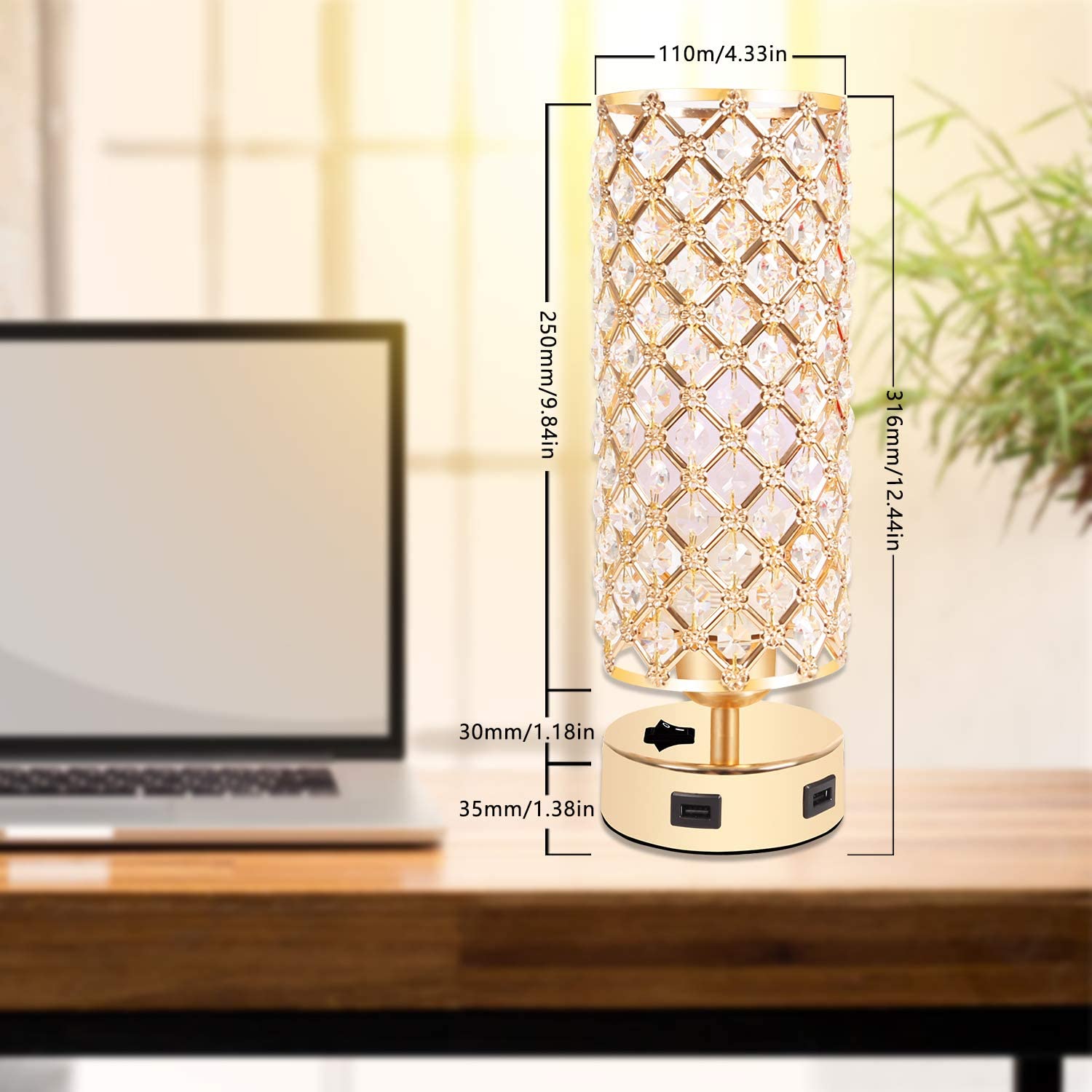 USB Crystal Table Lamp. Gold Table Lamp with Dual USB Charging Ports