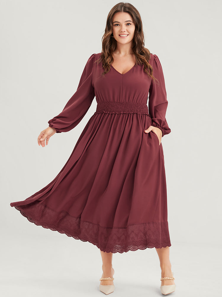 Solid Pocket Lantern Sleeve Patchwork Ruffled Shirred Dress