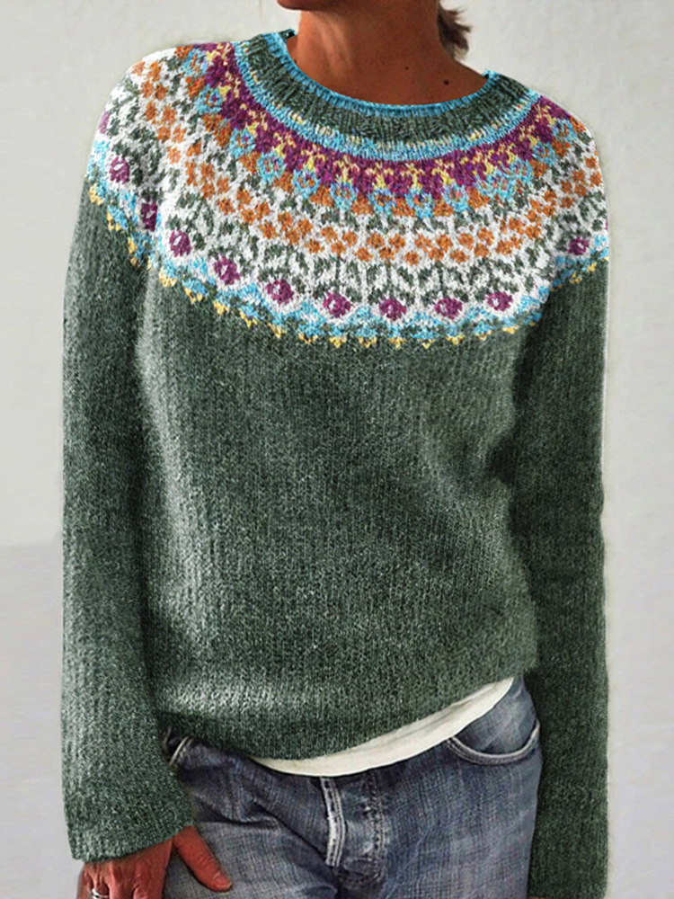 Vintage Tribal Floral Icelandic Knit Pullover Sweater