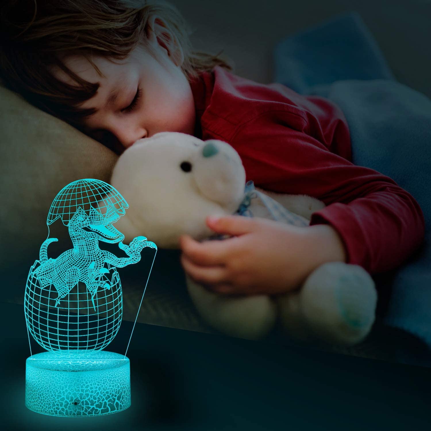 3D Dinosaur Night Light. 3D Illusion Lamp Nightlight 4-Pattern and 16-Colors with Remote Control. Best Birthday Christmas Toy Gifts for Boys Girls