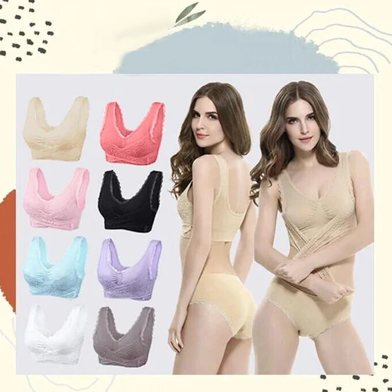 Wireless Front Cross Buckle Lace Lift Bra