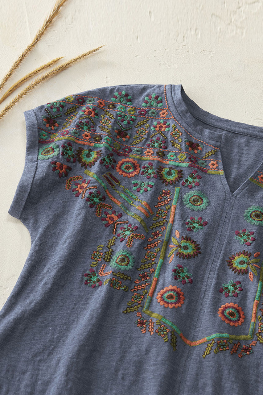Embroidered Split-Neck Slub Tee