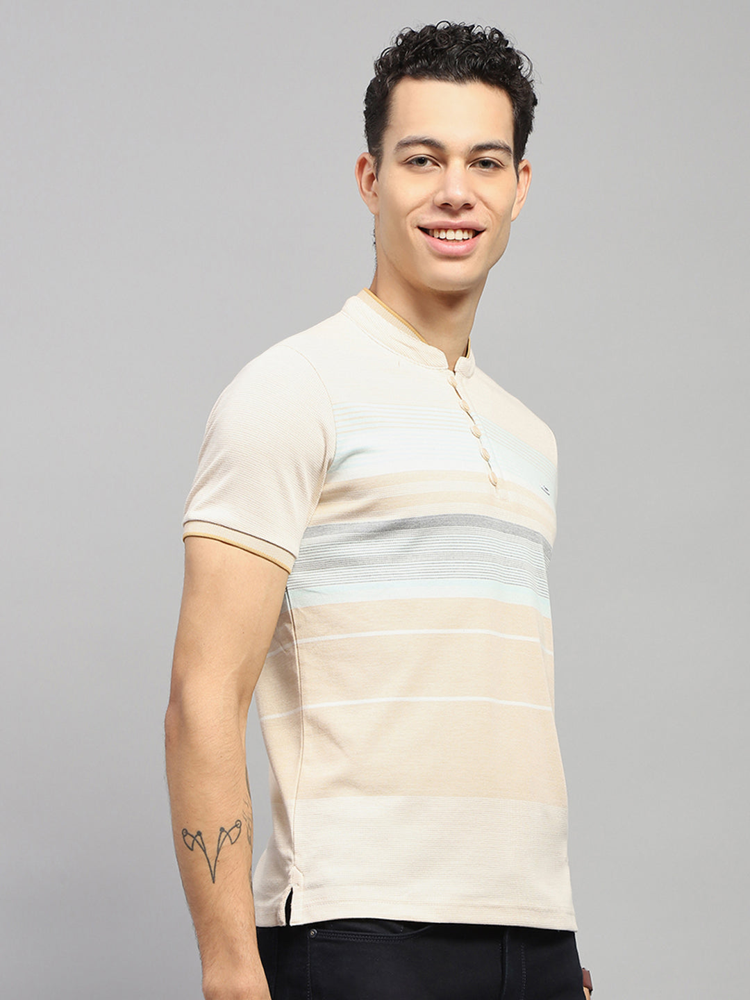 Men Beige Stripe Band Collar Half Sleeve T-Shirt