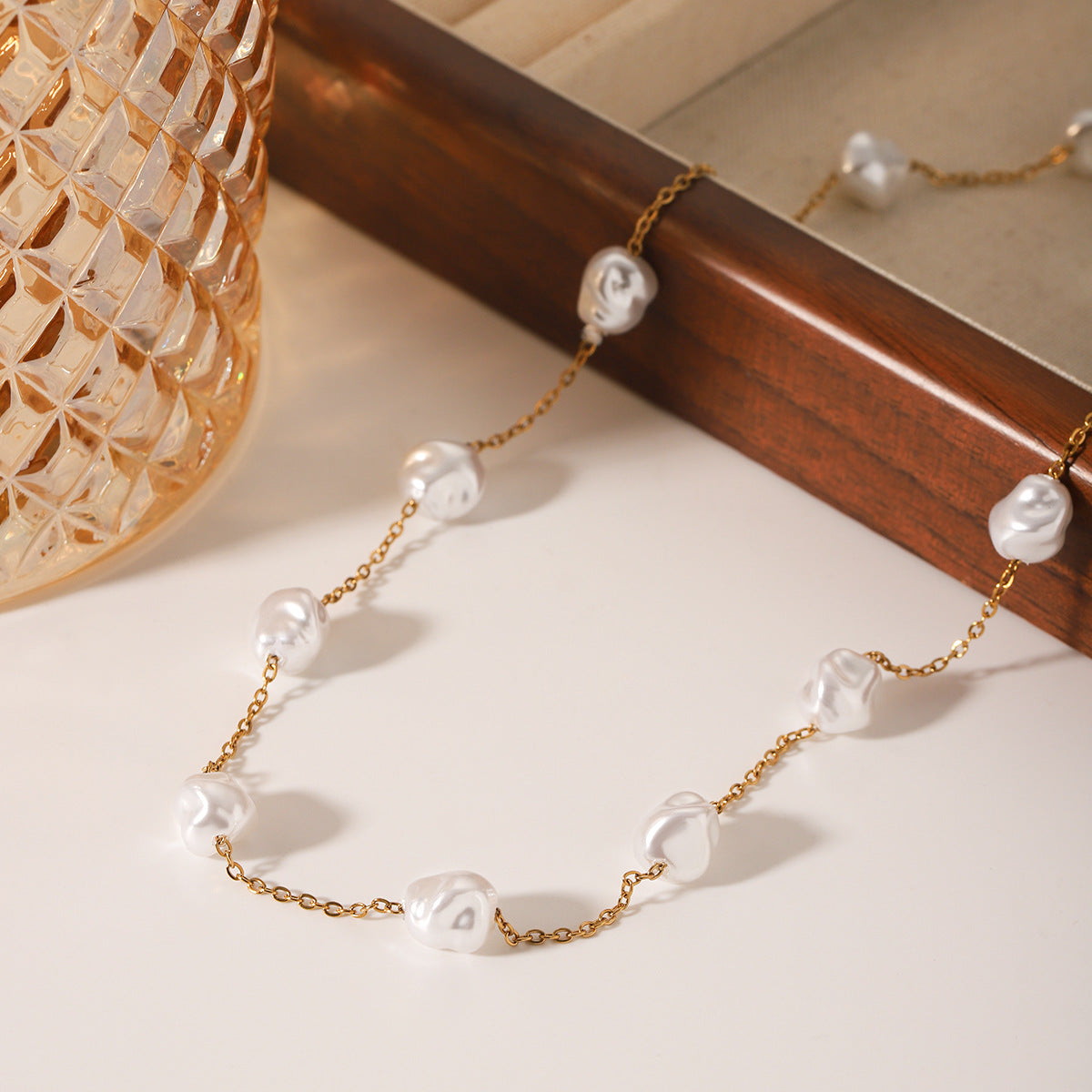 Stainless Steel Necklace With Special-Shaped Pearls For Women Retro Titanium Steel Clavicle Chain