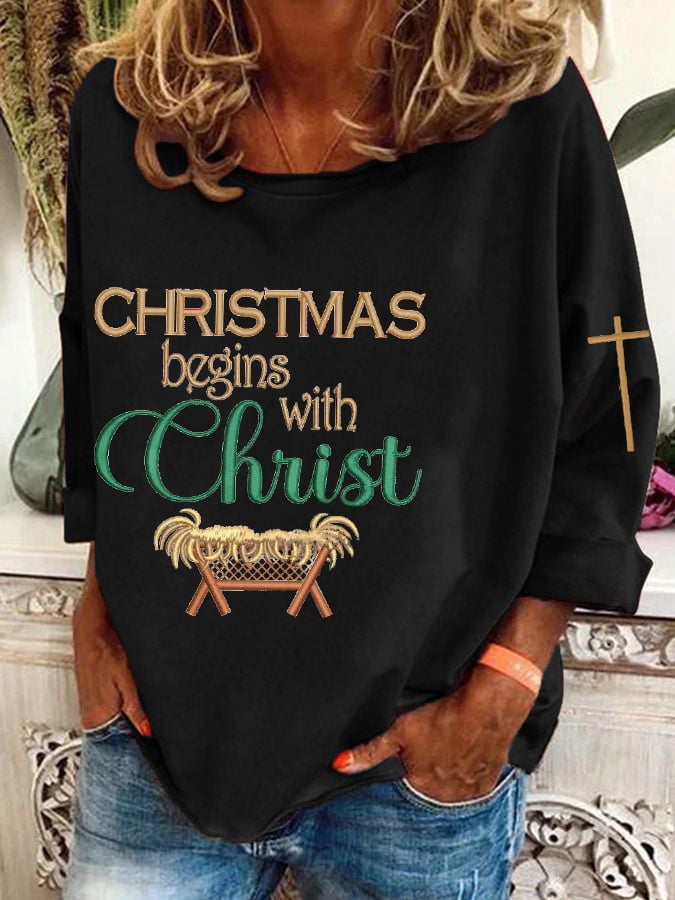 Women's Christmas Begins With Christ  Cross Print T-Shirt