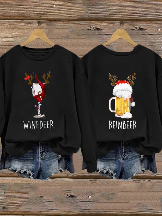 Retro Christmas Winedeer Reinbeer Print Sweatshirt