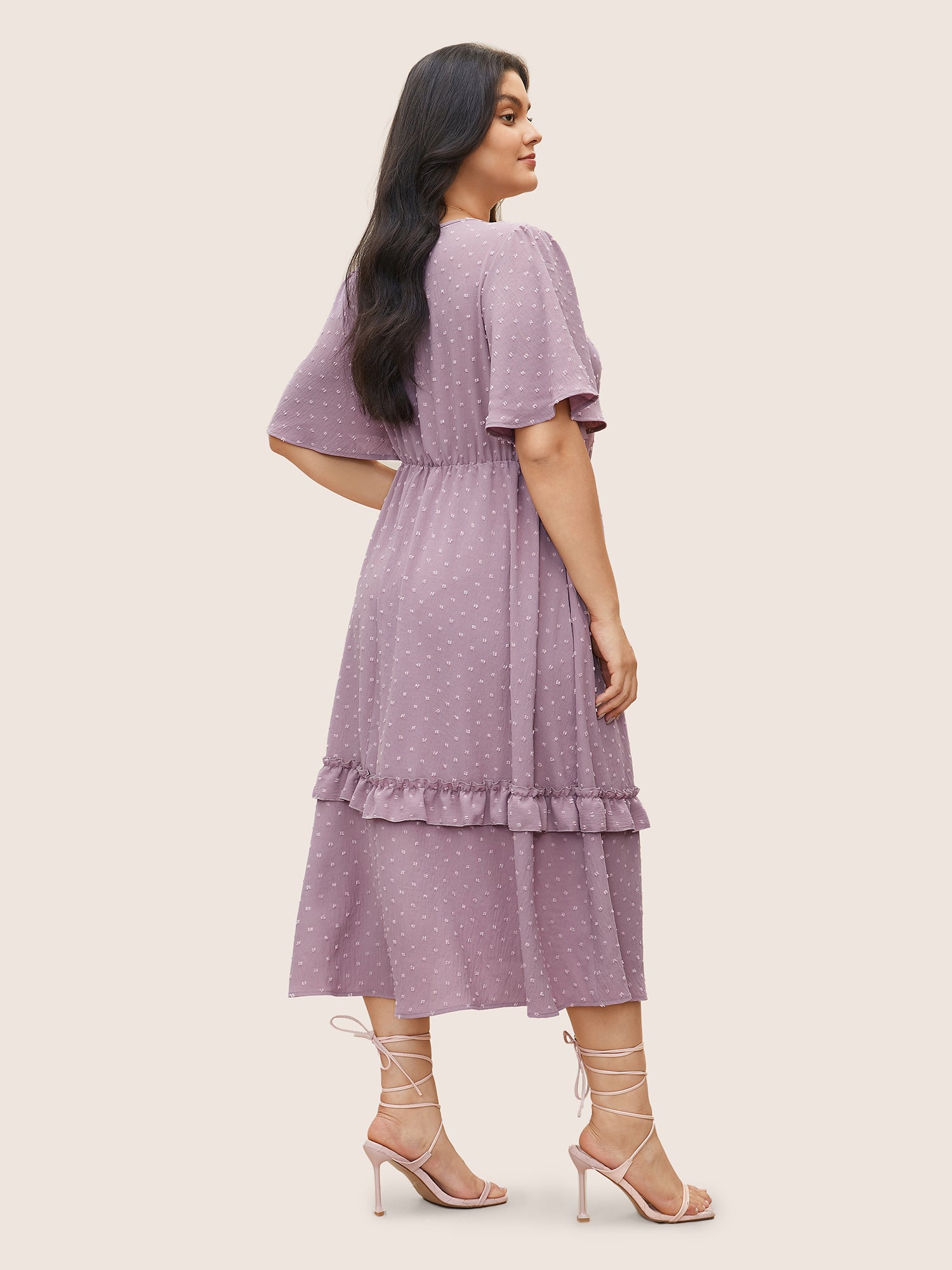 Polka Dot V Neck Pocket Ruffle Midi Dress