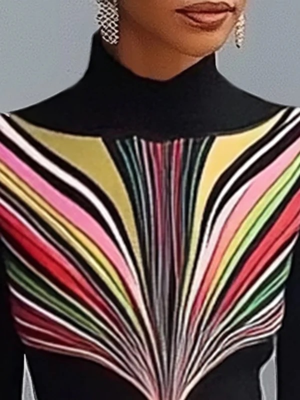 Long Sleeves Skinny Contrast Color Printed High Neck T-Shirts Tops