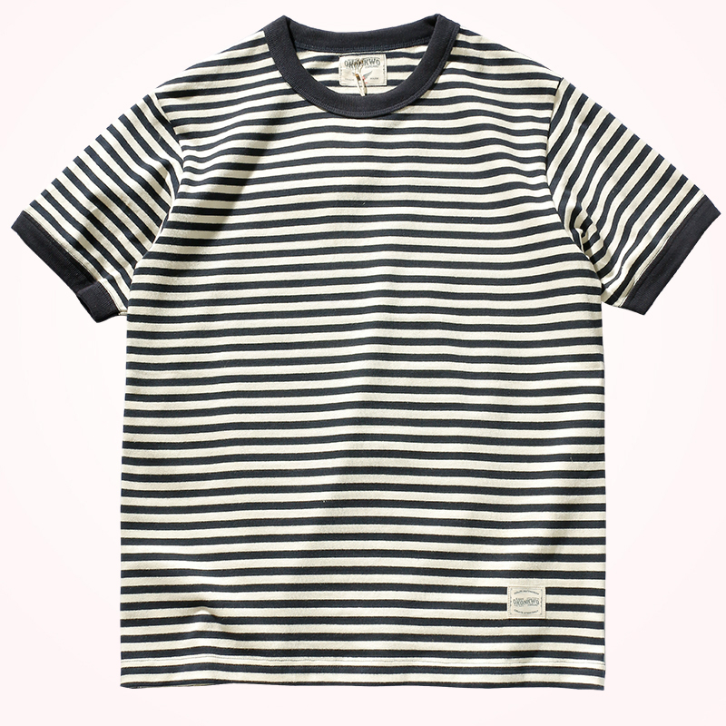 Vintage Double Yarn Pure Cotton Round Neck Striped Short-Sleeved T-Shirt