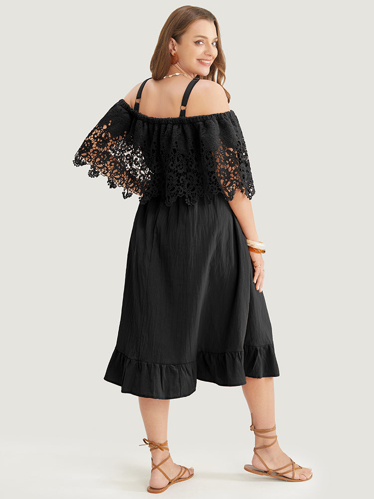 Solid Cold Shoulder Contrast Lace Pocket Ruffle Hem Dress