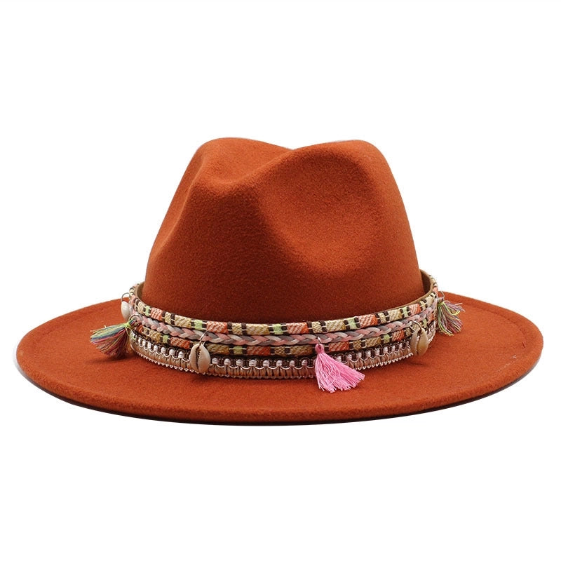 Hot Sale Woolen Hat Tassel Ethnic Style Jazz Hat Retro Flat Brim Big Brim Hat