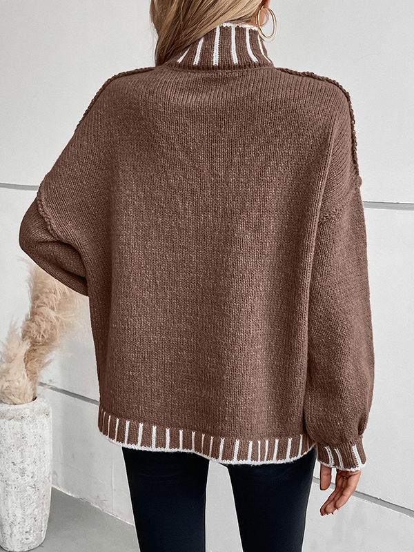 Long Sleeves Loose Contrast Color Split-Joint High Neck Pullovers Sweater Tops