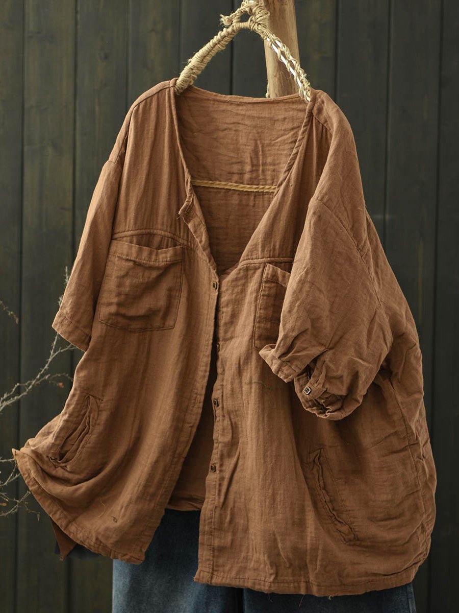 Plus Size Women Summer Worn Pure Color V-Neck Cotton Shirt