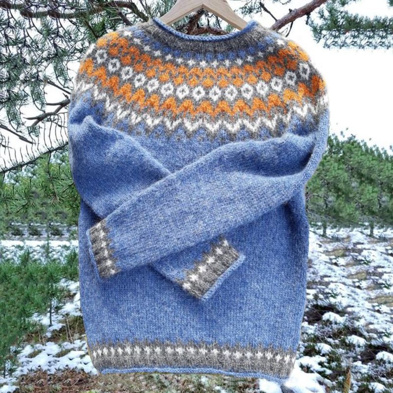 Unisex Vintage Icelandic Orange Blue Knit Jacquard Warmth Crew Neck Sweater