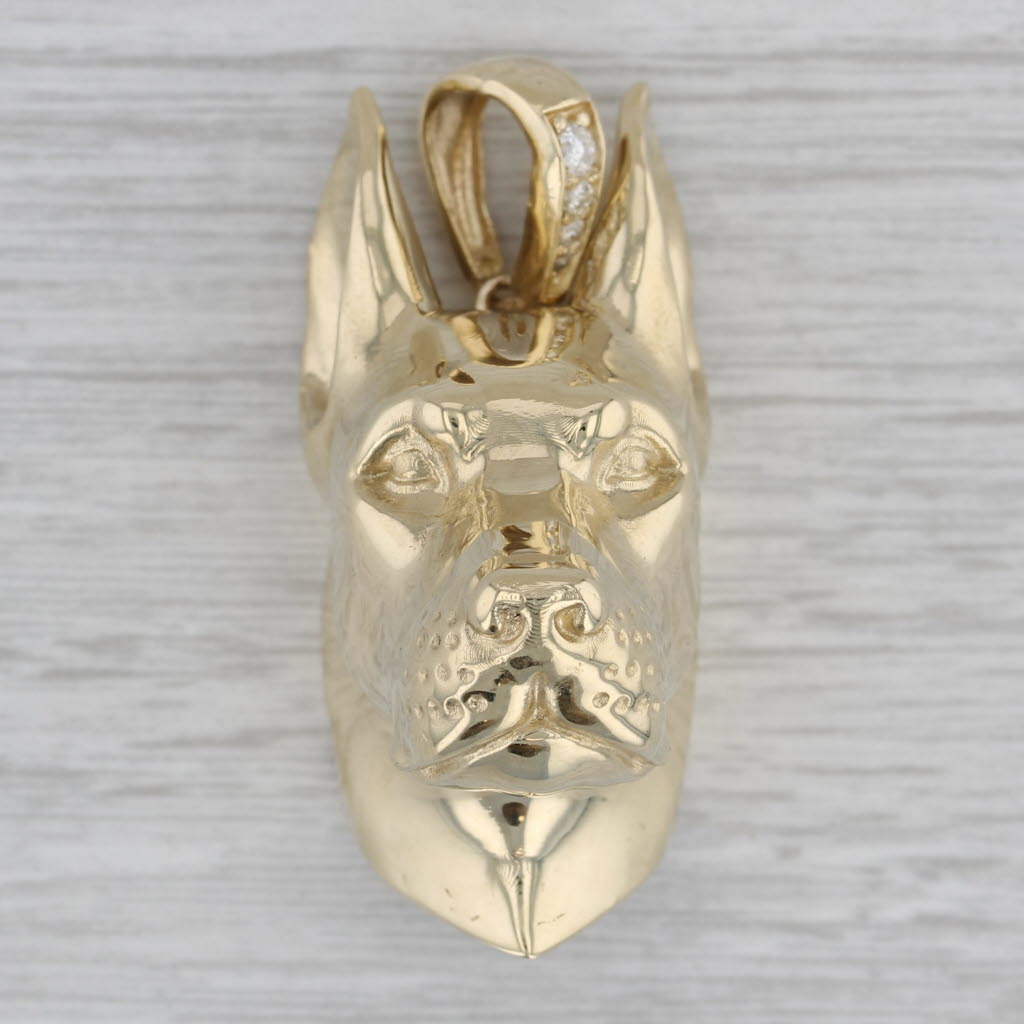 Large Dog Bust Pendant 10k Yellow Gold 0.12ctw Diamonds Doberman