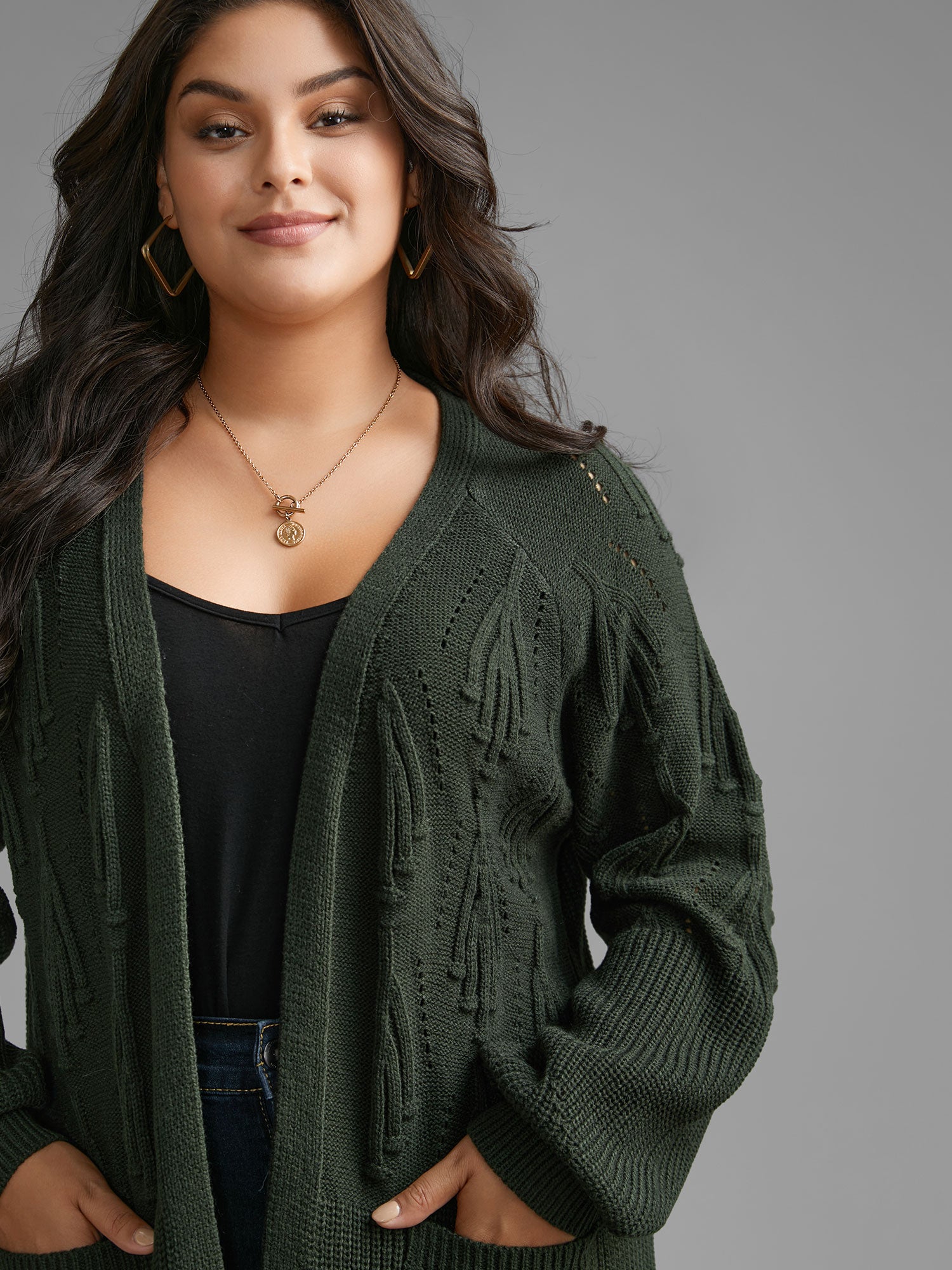 Textured Lantern Sleeve Split Hem Cardigan