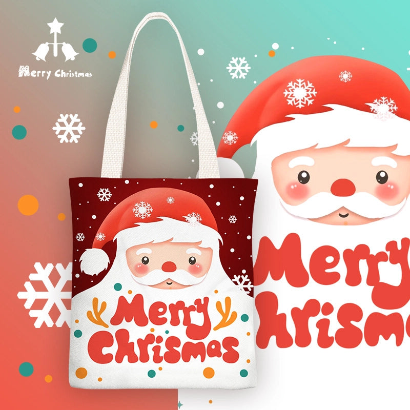 Christmas Women's Medium Canvas Santa Claus Cute Zipper Shoulder Bag Tote Bag