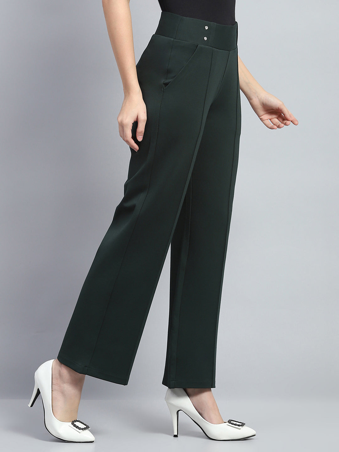 Women Bottle Green Solid Regular Fit Trouser