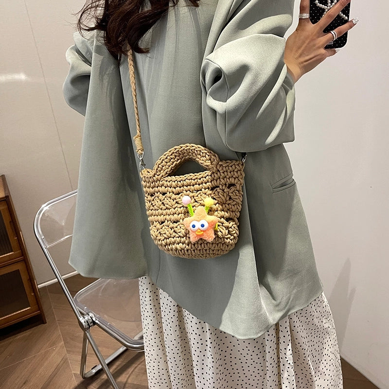 Women's Medium Braid Solid Color Cute Basic Weave Open Crossbody Bag