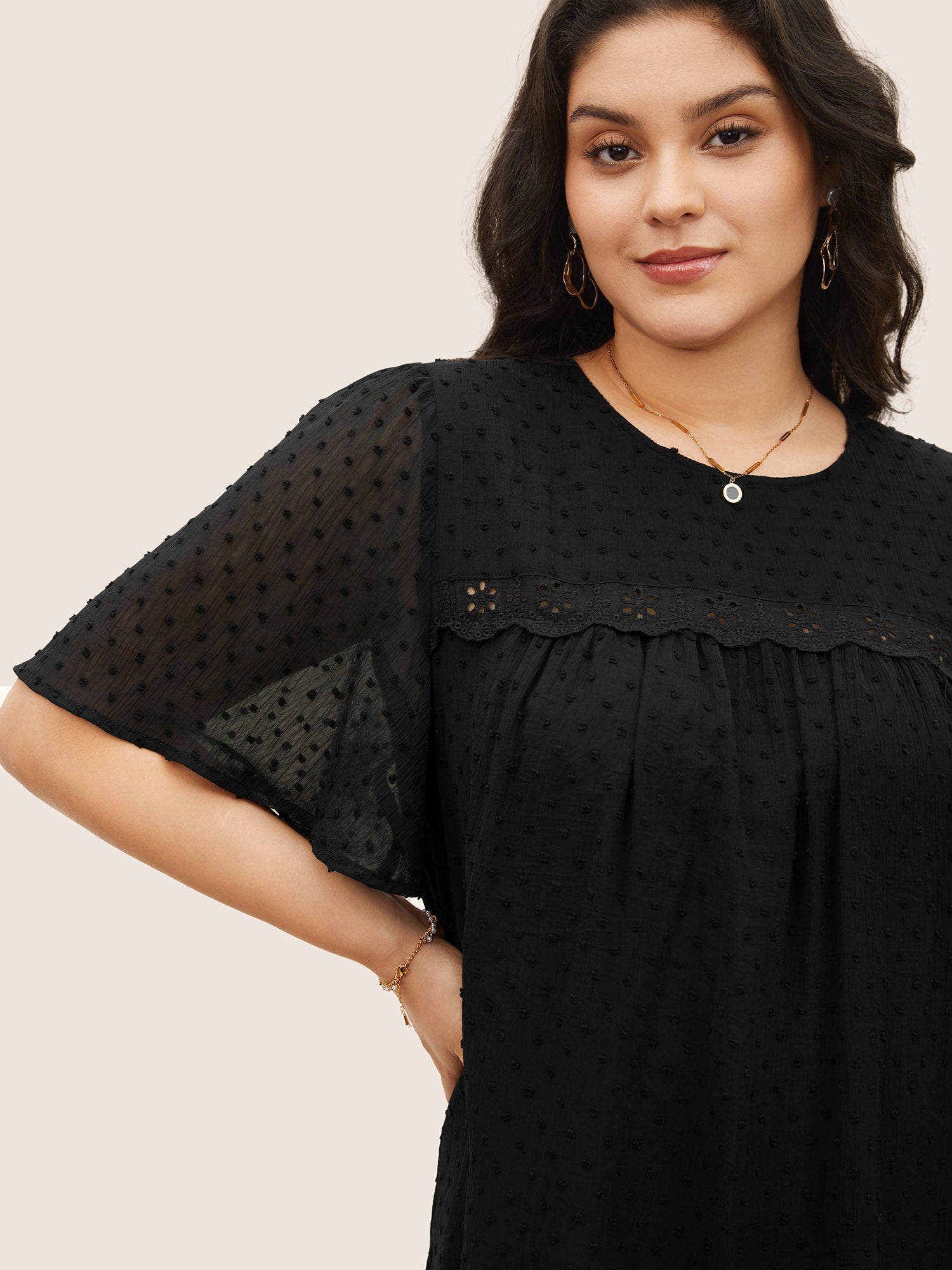 Solid Texture Lace Trim See Through Gathered Blouse