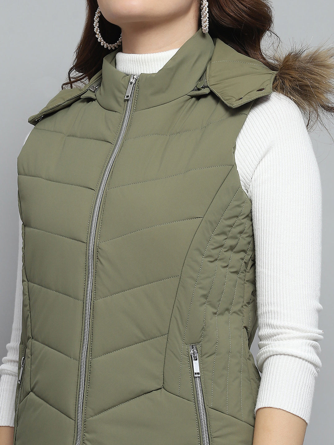 Women Green Solid Detachable Hood Sleeveless Jacket