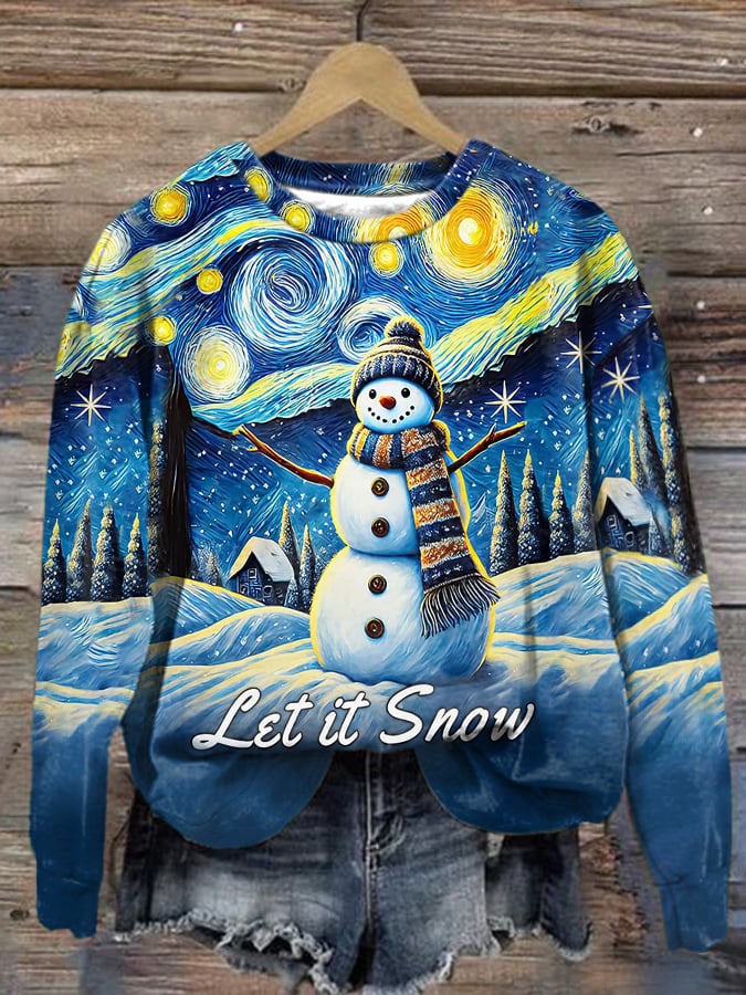 Retro Christmas Starry Night Snowman Let It Snow Print Sweatshirt