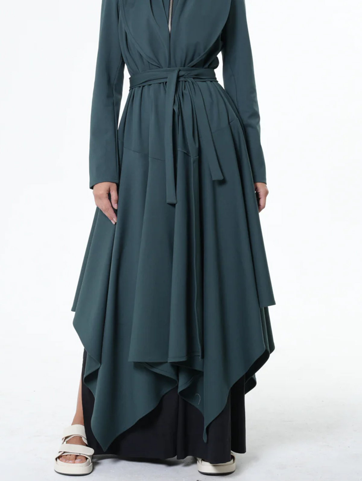 Stand Collar Half Zip Irregular Hem Belt Maxi Dress