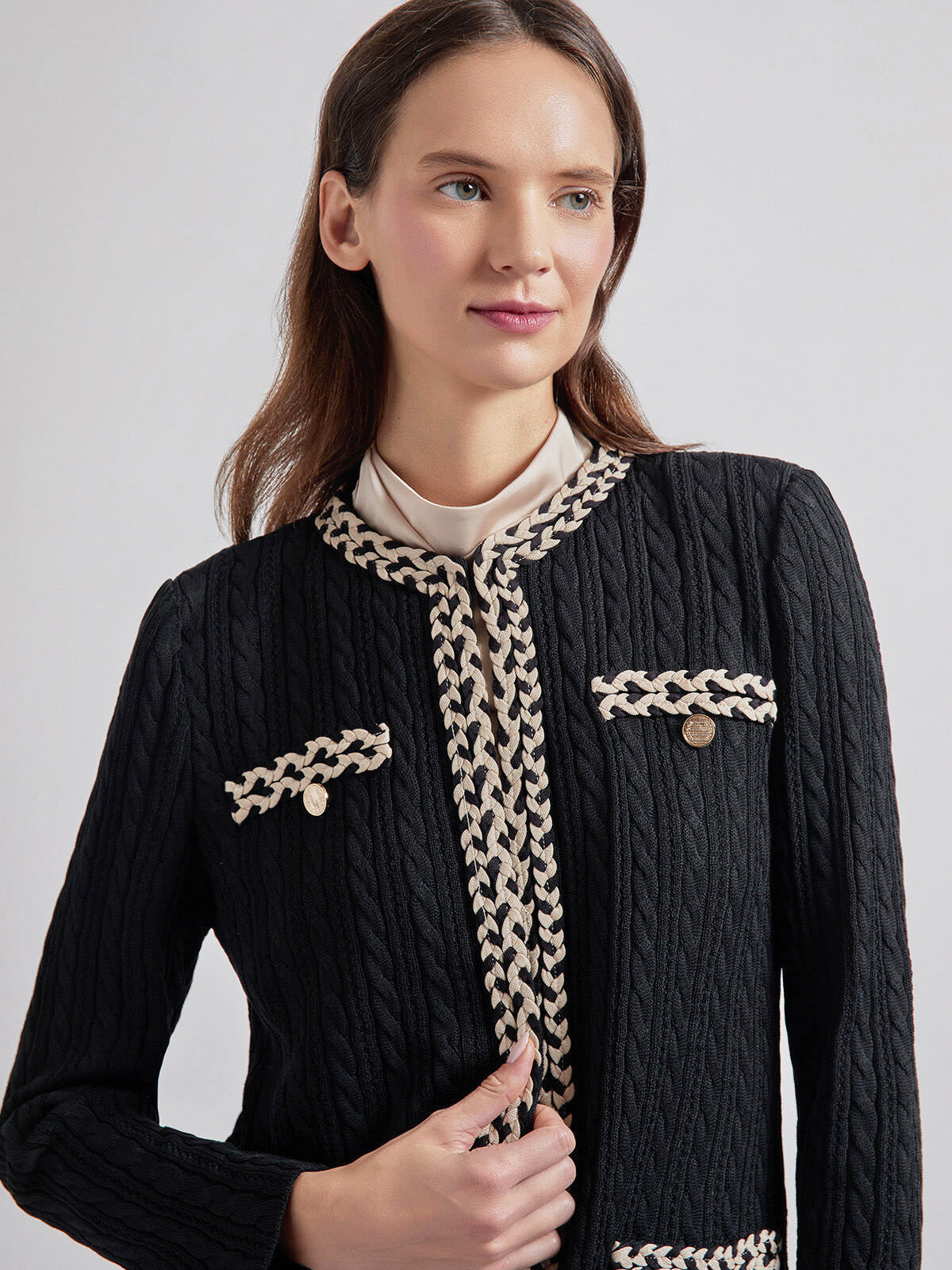 Jewel Neck Contrast Trim Cable Knit Jacket