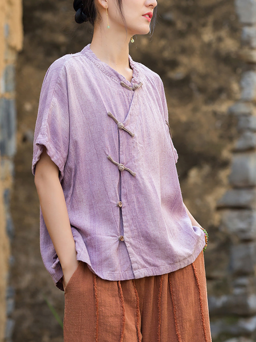 Women Summer Ethnic Pure Color Stand Collar Linen Shirt