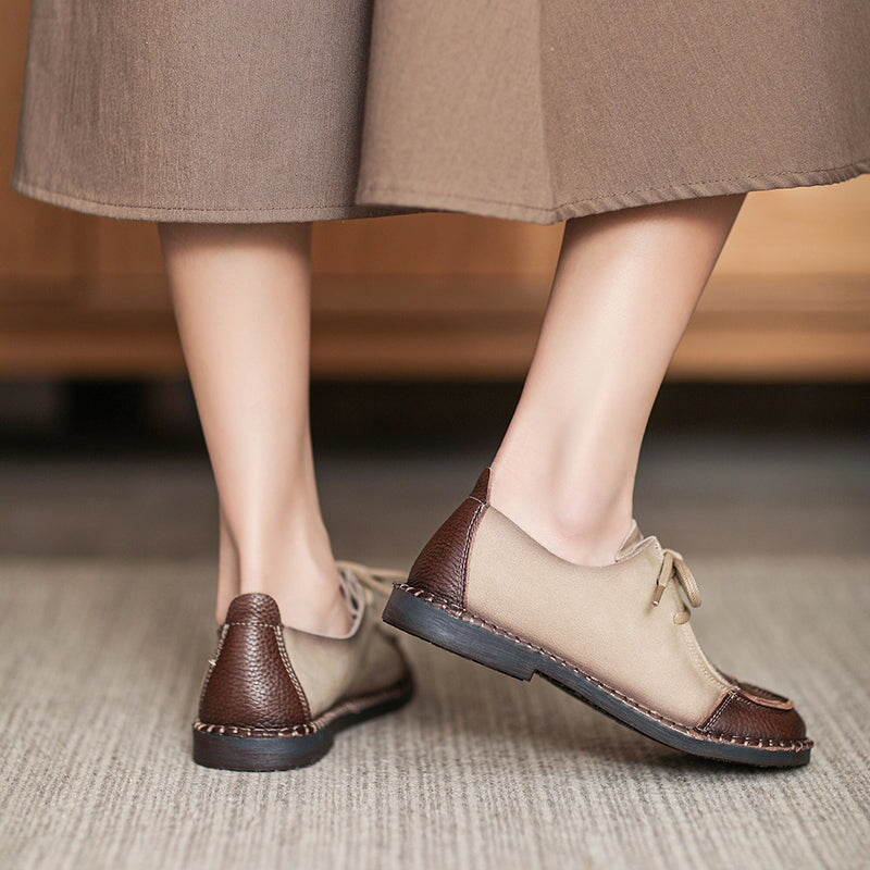 Soft Leather Oxfords & Tie Flats For Women Barefoot Shoes in Brown/Beige Handmade