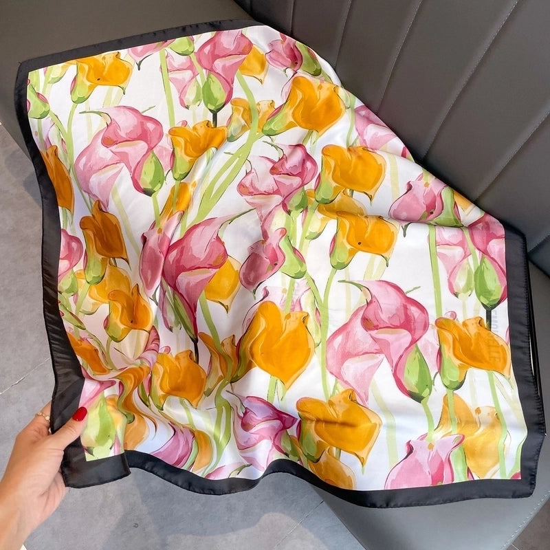 2 Pieces Women'S Ig Style Minimalist Color Block Flower Satin Silk Scarf
