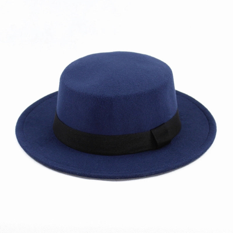 Hat Women's  Woolen Top Hat Autumn And Winter Black Vintage Gentleman  Flat Top Bow Top Hat Felt Hat