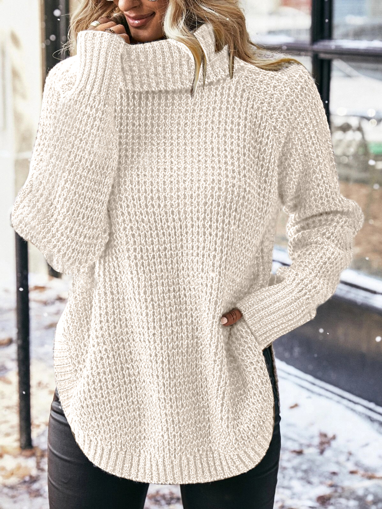 Turtleneck Drop Shoulder Cotton Knit Sweater