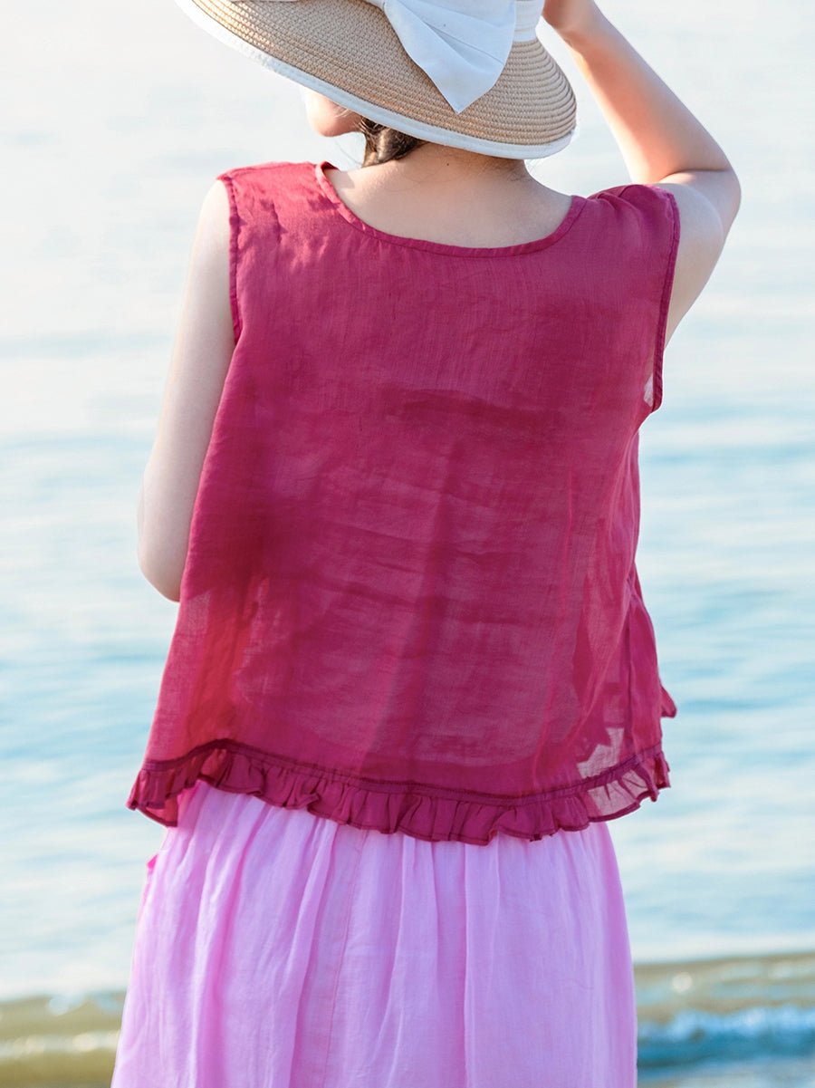 Women Summer Artsy Pure Color O-Neck 100%Ramie Vest