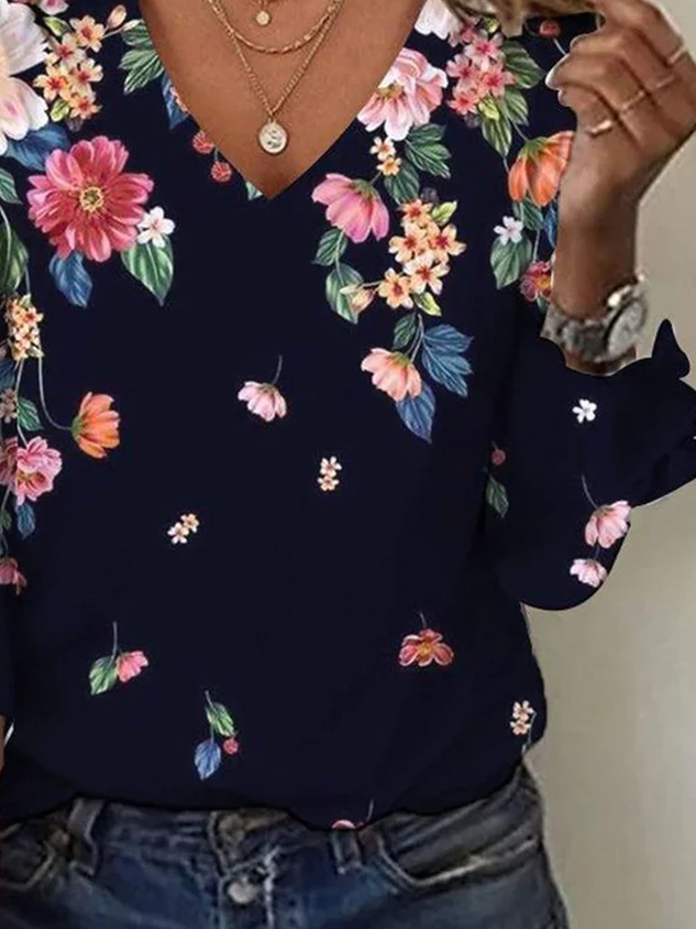 Loose Floral Casual V Neck T-Shirt