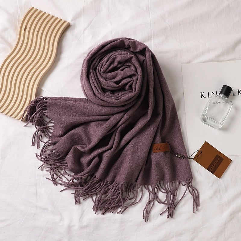 Solid Color Prickly Wool Scarf Women's 300g Ge Run Si Imitation Cashmere Thickened Scarf Japanese Style Plain Scarf For Autumn And Winter