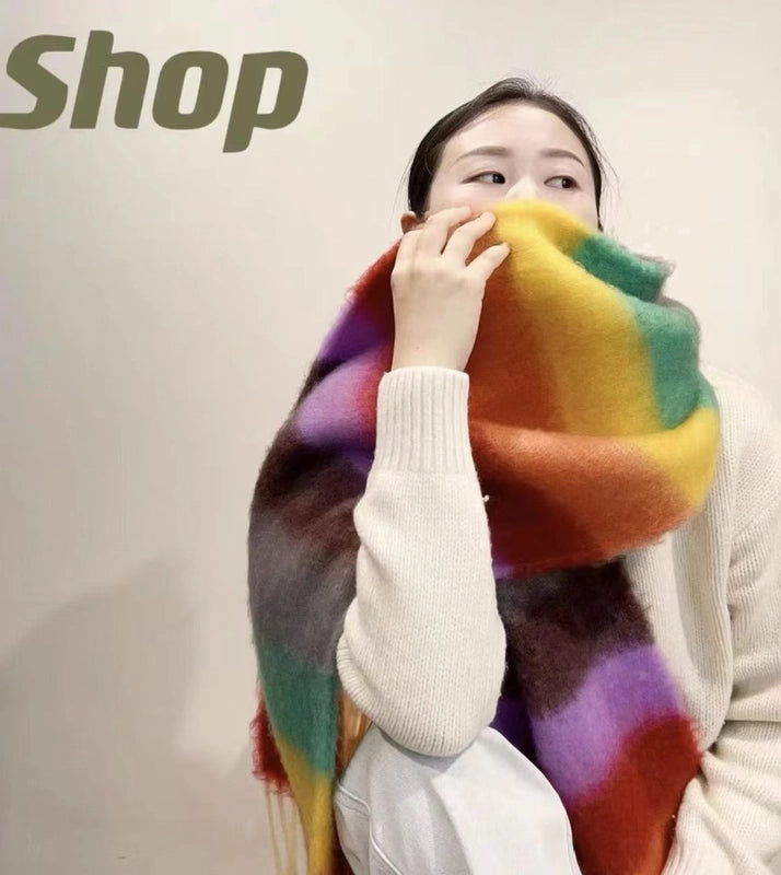 Latest Mohair Striped Tassel Scarf Fashion Geometric Gradient Shawl Versatile Thickened Scarf