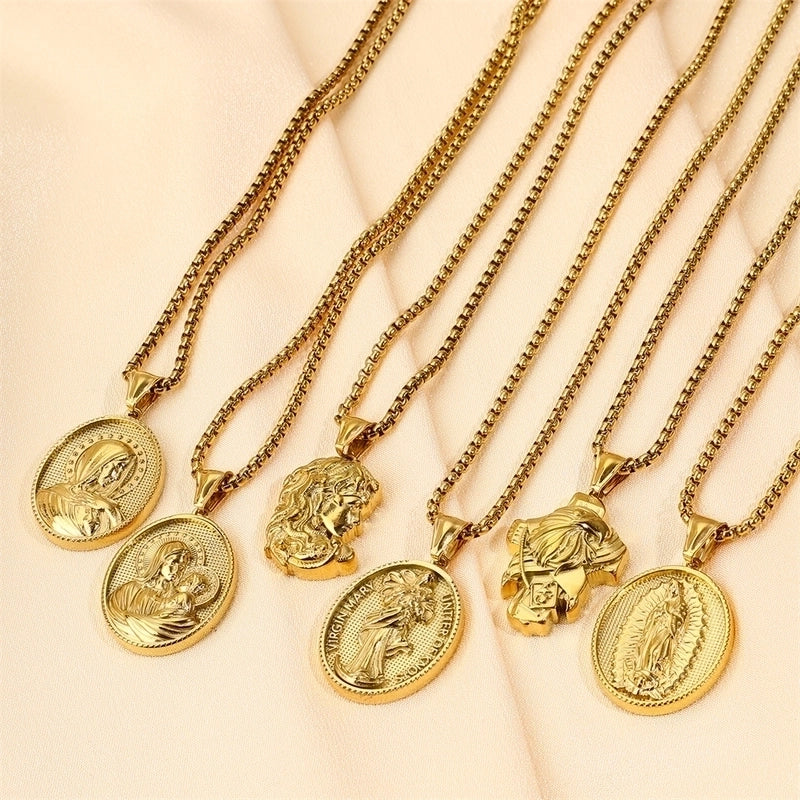 Modern Style Classic Style Portrait Cross Solid Color 304 Stainless Steel 18K Gold Plated Round Pendant Necklace