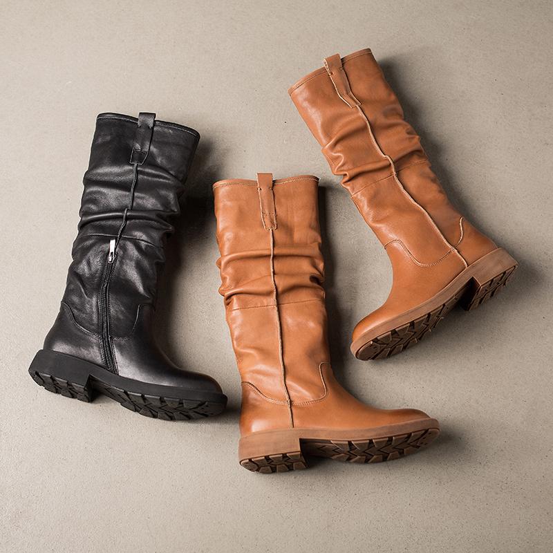 Waxing Leather Knee High Boots Fold Design Riding Boots Black/Brown