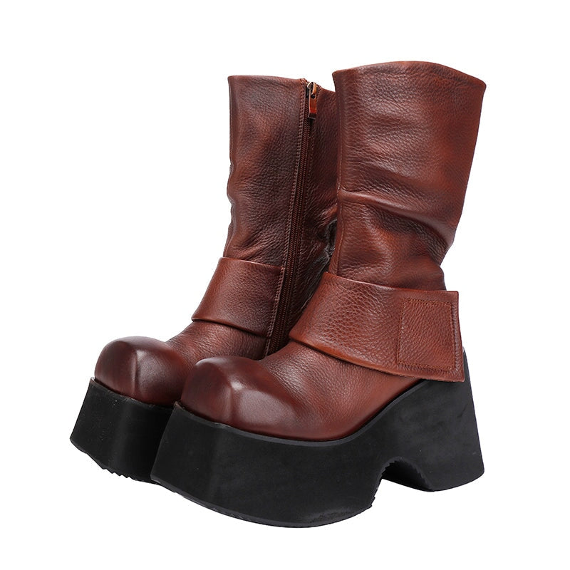 105mm High Platform Boots for Women Square Toe Touch-strap Side Zip in Black/Brown