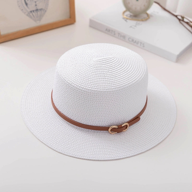 Flat Top  Hat  Summer Fashion Women's Sun Hat Sun Protection Sun Hat Paper Woven Hat Belt Hat