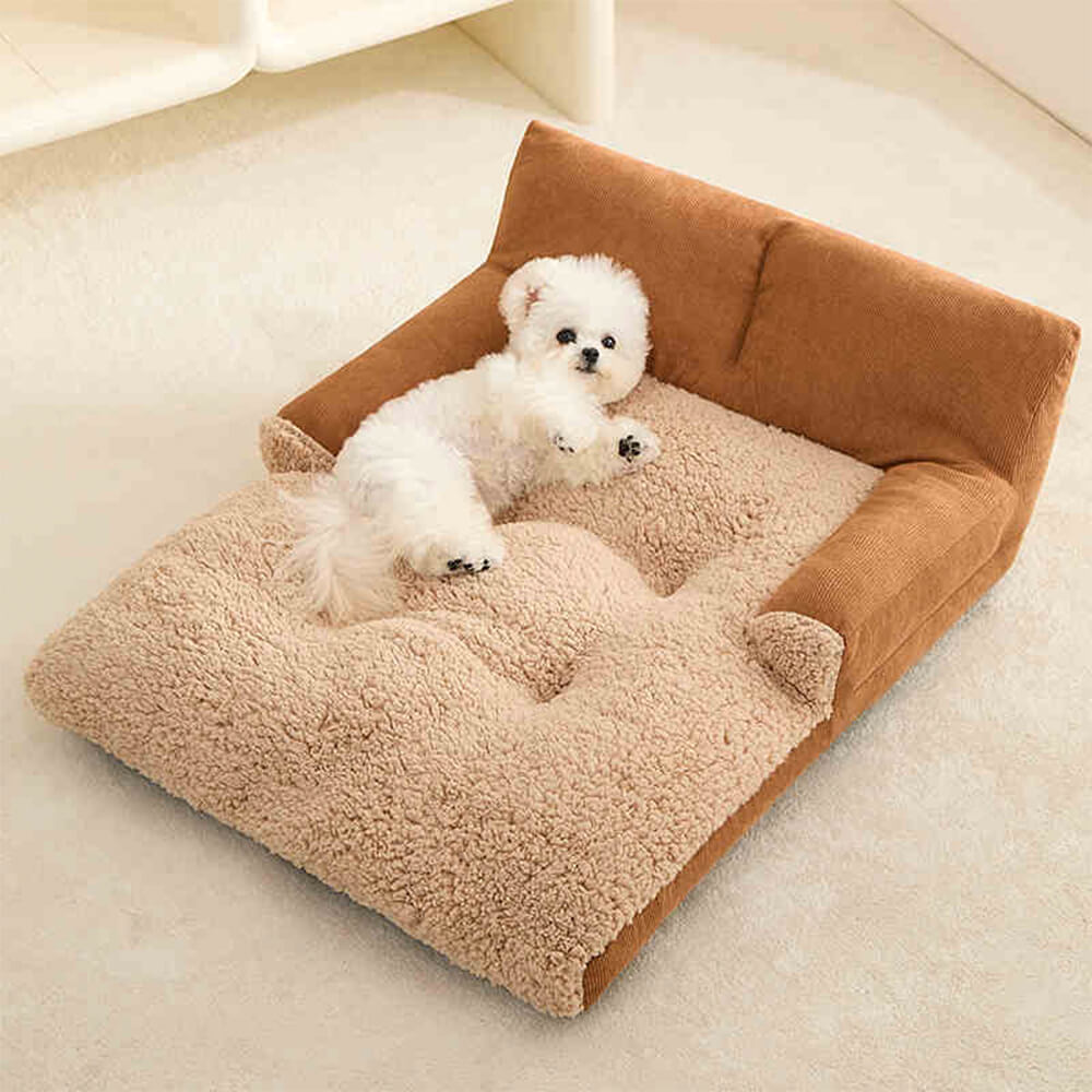 Spacious Warm Corduroy Raised Backrest Dog & Cat Sofa Bed