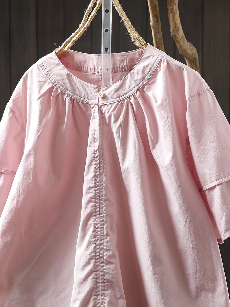 Women Summer Artsy Pure Color O-Neck 100%Cotton Shirt