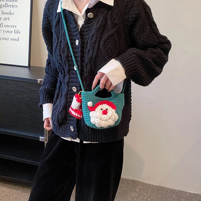 Christmas Women's Mini Knit Pumpkin Santa Claus Cute Square Hook Loop Crossbody Bag