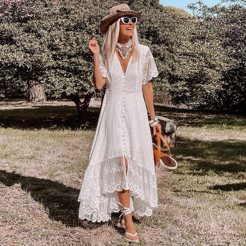 Boho Dress for Women|Bohemian Dress|Midi Boho Dress| Solid Short Sleeve Slim Bohemian Maxi DressV-neck Boho Sundress Vestidos|Wedding Guest Dress